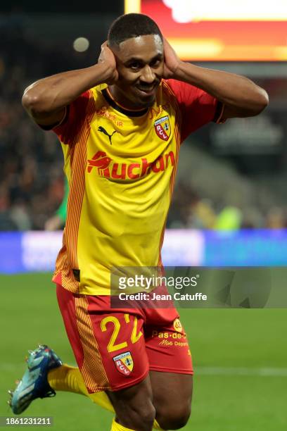 Wesley Said of Lens celebrates his goal during the Ligue 1 Uber Eats match between RC Lens and Stade de Reims at Stade Bollaert-Delelis on December...