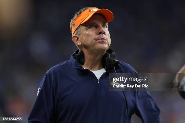 Head Coach Sean Payton of the Denver Broncos reacts during the fourth quarter against the Detroit Lions at Ford Field on December 16, 2023 in...