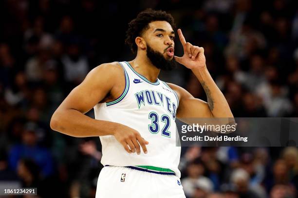 Karl-Anthony Towns of the Minnesota Timberwolves celebrates his three-point basket against the Indiana Pacers in the third quarter at Target Center...