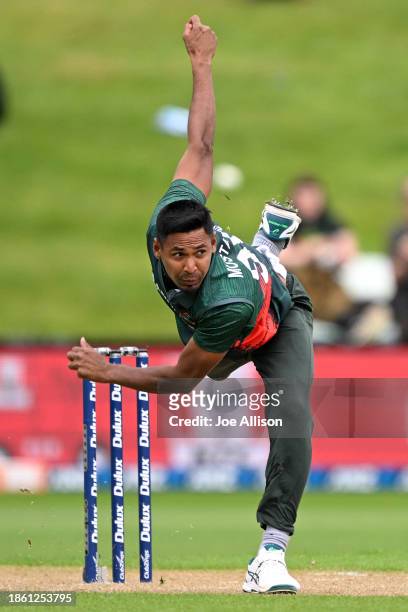 Mustafizur Rahman of Bangladesh bowls during game one of the Men's ODI series between New Zealand and Bangladesh at University of Otago Oval on...