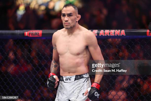 Tony Ferguson of the United States looks on in a lightweight fight against Paddy Pimblett of England during UFC 296: Edwards vs. Covington event at...