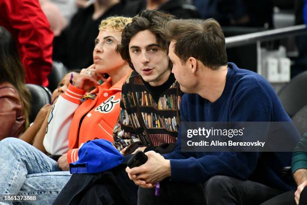 Timothée Chalamet attends a basketball game between the Los Angeles Clippers and the New York Knicks at Crypto.com Arena on December 16, 2023 in Los...