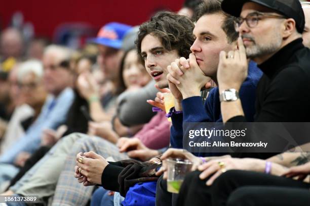 Timothée Chalamet attends a basketball game between the Los Angeles Clippers and the New York Knicks at Crypto.com Arena on December 16, 2023 in Los...