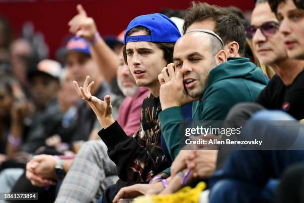 Timothée Chalamet attends a basketball game between the Los Angeles Clippers and the New York Knicks at Crypto.com Arena on December 16, 2023 in Los...