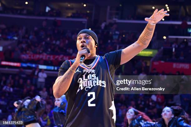 Kalan.FrFr performs at halftime of a basketball game between the Los Angeles Clippers and the New York Knicks at Crypto.com Arena on December 16,...