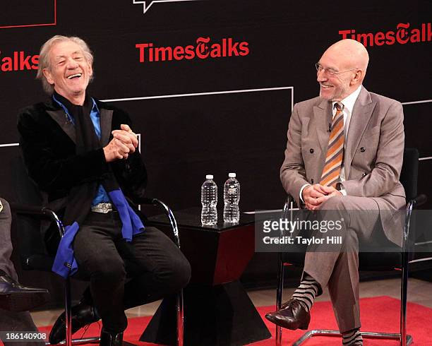 Sir Ian McKellan and Sir Patrick Stewart attend TimesTalks Presents: An Evening With Sir Patrick Stewart at Times Center on October 28, 2013 in New...