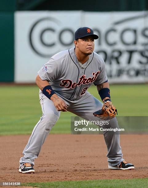 Miguel Cabrera of the Detroit Tigers fields during Game Two of the American League Division Series against the Oakland Athletics at O.co Coliseum on...