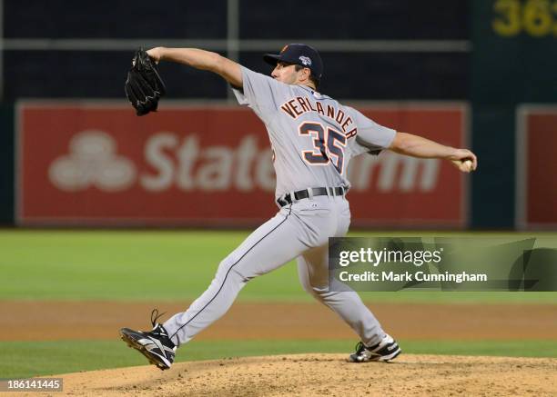 Justin Verlander of the Detroit Tigers pitches during Game Two of the American League Division Series against the Oakland Athletics at O.co Coliseum...