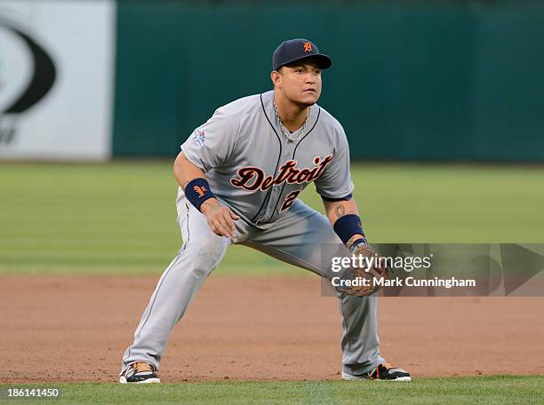 Miguel Cabrera of the Detroit Tigers fields during Game Two of the American League Division Series against the Oakland Athletics at O.co Coliseum on...