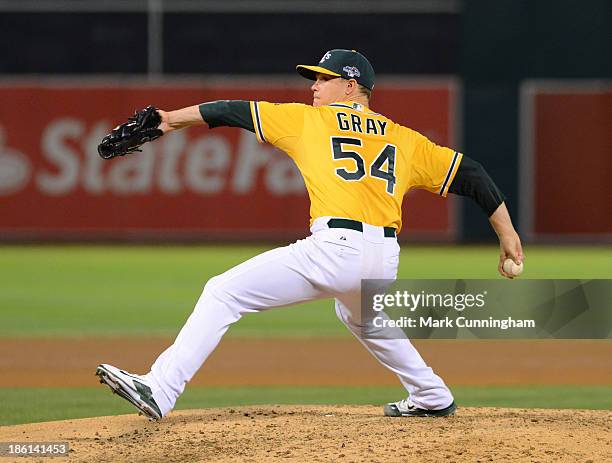 Sonny Gray of the Oakland Athletics pitches during Game Two of the American League Division Series against the Detroit Tigers at O.co Coliseum on...