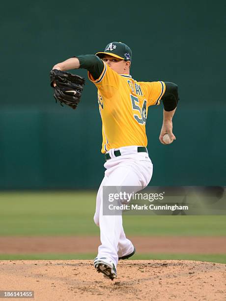 Sonny Gray of the Oakland Athletics pitches during Game Two of the American League Division Series against the Detroit Tigers at O.co Coliseum on...