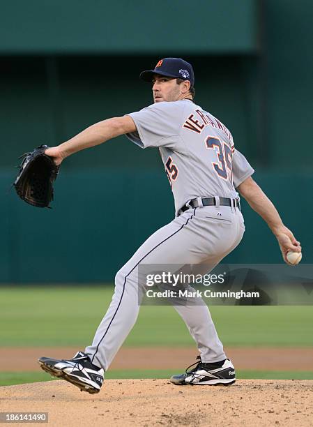 Justin Verlander of the Detroit Tigers pitches during Game Two of the American League Division Series against the Oakland Athletics at O.co Coliseum...