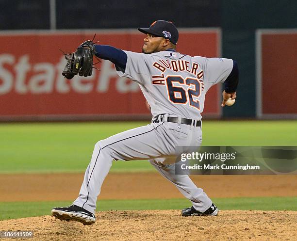 Al Alburquerque of the Detroit Tigers pitches during Game Two of the American League Division Series against the Oakland Athletics at O.co Coliseum...