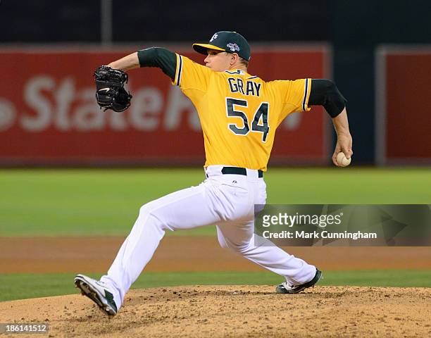 Sonny Gray of the Oakland Athletics pitches during Game Two of the American League Division Series against the Detroit Tigers at O.co Coliseum on...