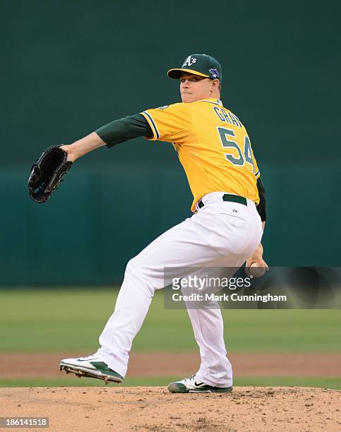 Sonny Gray of the Oakland Athletics pitches during Game Two of the American League Division Series against the Detroit Tigers at O.co Coliseum on...