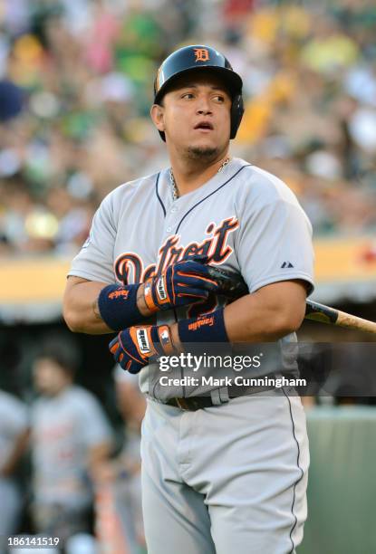 Miguel Cabrera of the Detroit Tigers looks on while waiting to bat during Game Two of the American League Division Series against the Oakland...
