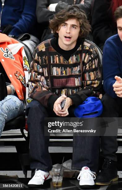 Timothée Chalamet attends a basketball game between the Los Angeles Clippers and the New York Knicks at Crypto.com Arena on December 16, 2023 in Los...