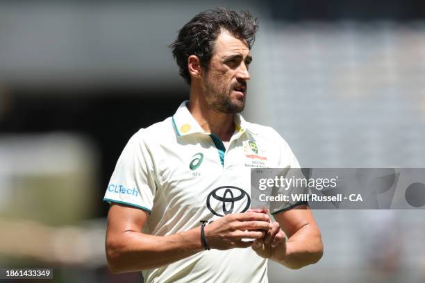 Mitchell Starc of Australia sets the ball during day four of the Men's First Test match between Australia and Pakistan at Optus Stadium on December...