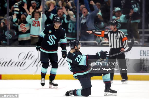 Oliver Bjorkstrand of the Seattle Kraken celebrates his goal during the third period against the Los Angeles Kings at Climate Pledge Arena on...