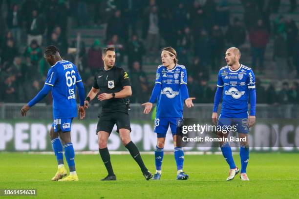 Tom DUCROCQ of Bastia and Referee Abdelatif KHERRADJI during the Ligue 2 BKT match between Association Sportive de Saint-Etienne and Sporting Club...