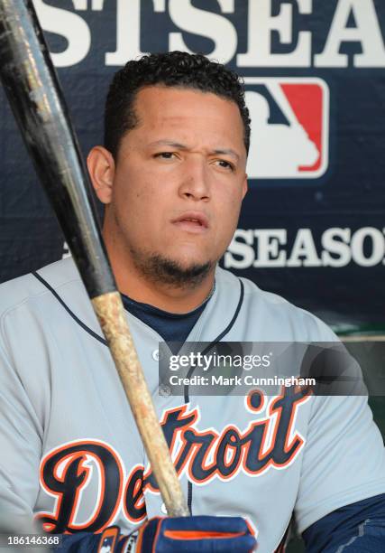 Miguel Cabrera of the Detroit Tigers looks on from the dugout prior to Game Five of the American League Division Series against the Oakland Athletics...