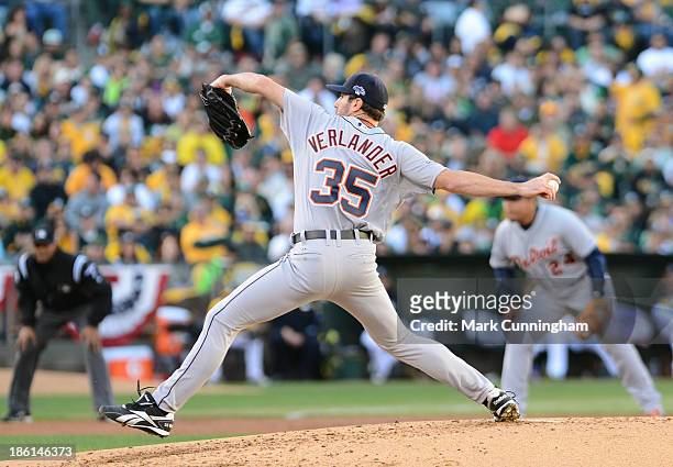 Justin Verlander of the Detroit Tigers pitches during Game Five of the American League Division Series against the Oakland Athletics at O.co Coliseum...