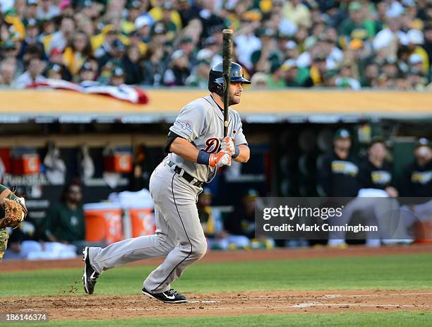 Alex Avila of the Detroit Tigers bats during Game Five of the American League Division Series against the Oakland Athletics at O.co Coliseum on...