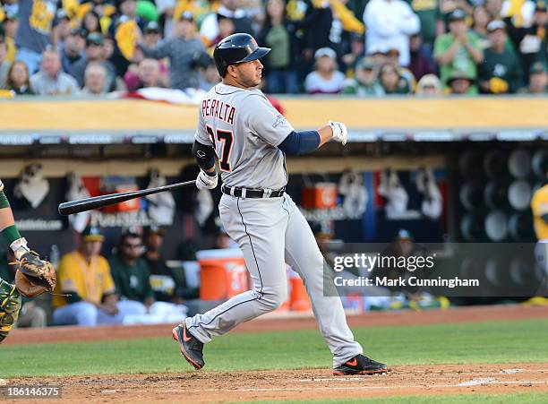 Jhonny Peralta of the Detroit Tigers bats during Game Five of the American League Division Series against the Oakland Athletics at O.co Coliseum on...