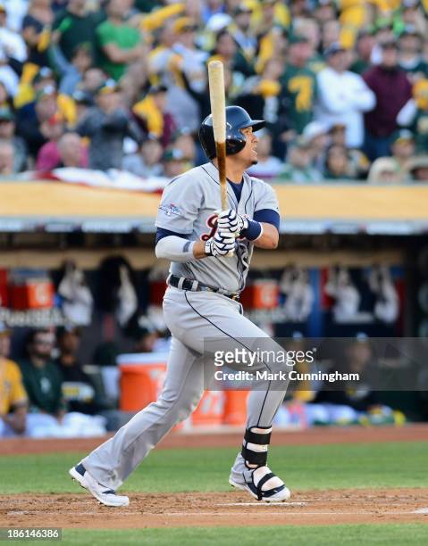 Victor Martinez of the Detroit Tigers bats during Game Five of the American League Division Series against the Oakland Athletics at O.co Coliseum on...