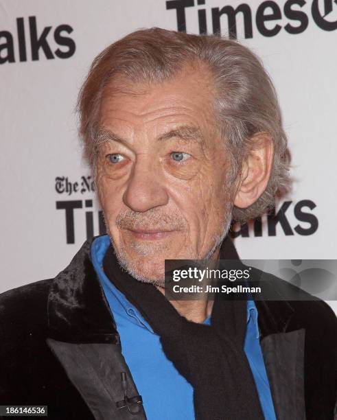 Actor Sir Ian McKellen attends TimesTalks Presents: An Evening With Sir Ian McKellen and Sir Patrick Stewart at Times Center on October 28, 2013 in...