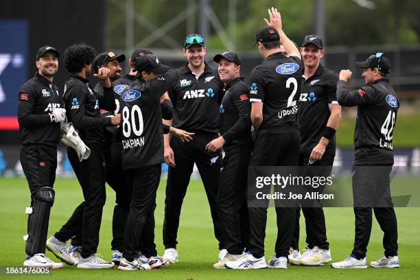 New Zealand celebrates after dismissing Shoriful Islam during game one of the Men's ODI series between New Zealand and Bangladesh at University of...