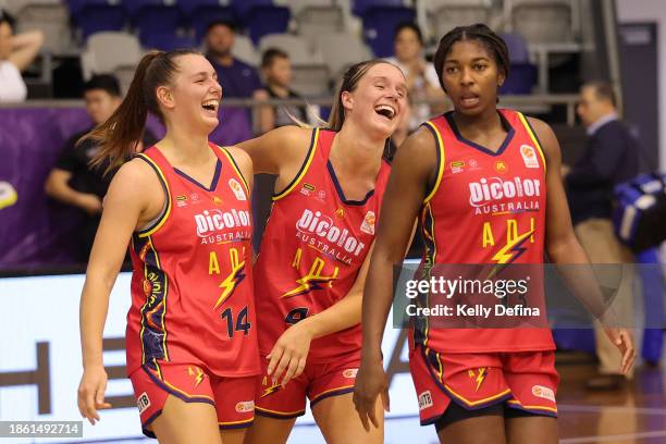 Adelaide players celebrate the win during the WNBL match between Melbourne Boomers and Adelaide Lightning at Melbourne Sports Centres - Parkville, on...