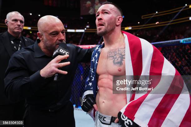 Joe Rogan interviews Colby Covington in the UFC welterweight championship fight during the UFC 296 event at T-Mobile Arena on December 16, 2023 in...