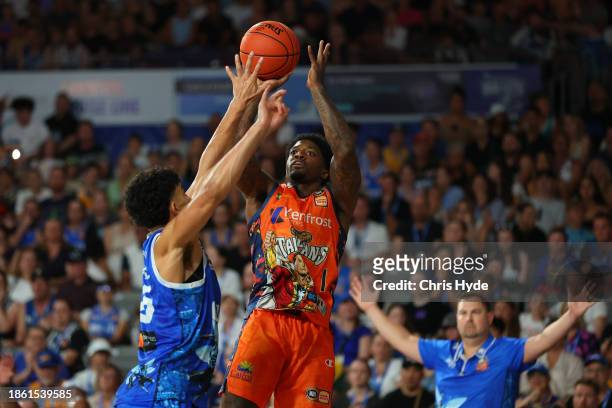 Patrick Miller of the Taipans shoot during the round 11 NBL match between Brisbane Bullets and Cairns Taipans at Nissan Arena, on December 17 in...