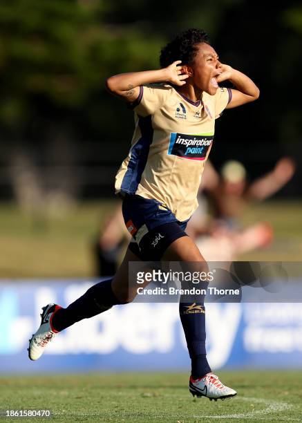 Sarina Bolden of the Jets celebrates scoring a goal during the A-League Women round eight match between Newcastle Jets and Western United at No. 2...