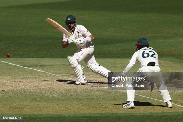 Salman Ali Agha of Pakistan bats during day four of the Men's First Test match between Australia and Pakistan at Optus Stadium on December 17, 2023...