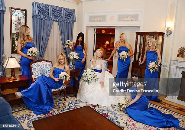 Holly Madisons bridesmaids Ashley Matthau, Bridget Marquardt, Laura Croft, Tanya Popovich, Claire Sinclair and Stephanie Cullen pose for photos with...