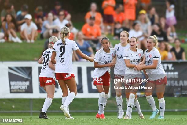 Western Sydney Wanderers celebrate a goal during the A-League Women round eight match between Brisbane Roar and Western Sydney Wanderers at Perry...