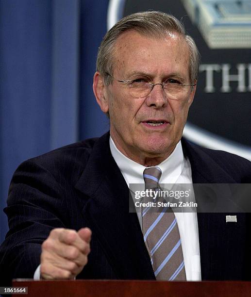 Secretary of Defense Donald Rumsfeld speaks at the Pentagon March 21, 2003 in Arlington, Virginia. Rumsfeld said that Saddam Hussein was starting to...