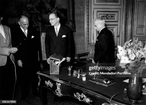 President of the Italian Republic Luigi Einaudi receiving the president of the Council of Ministers Alcide De Gasperi and general secretary of the...