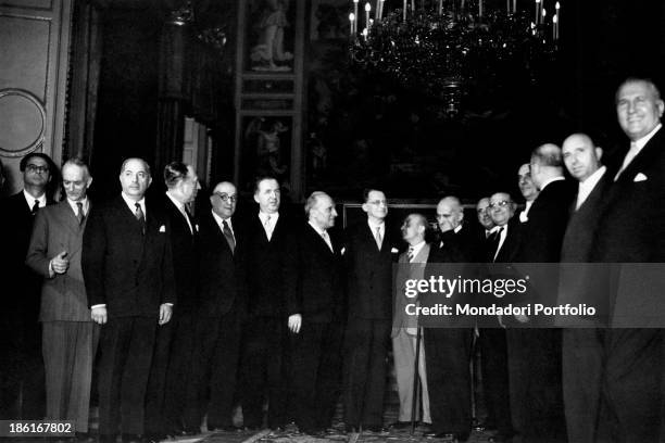 President of the Italian Republic Luigi Einaudi receiving the ministers of the seventh government presided by Alcide De Gasperi, including president...