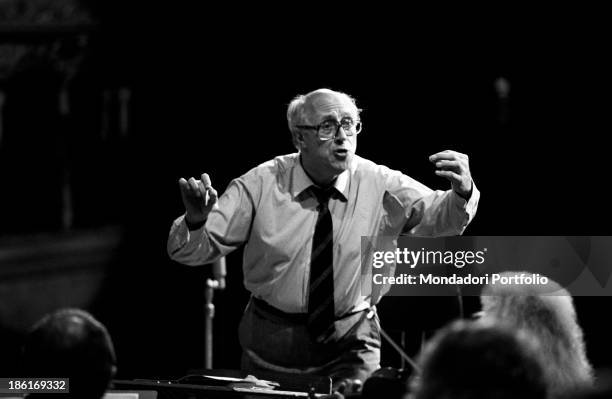 Soviet-born American cellist and conductor Slava Rostropovich conducting an orchestra. Slava Rostropovich has been holding the role of artistic...