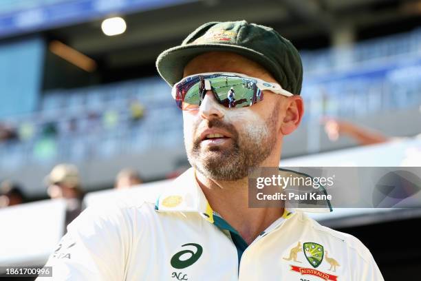 Nathan Lyon of Australia looks on following Australia's victory during day four of the Men's First Test match between Australia and Pakistan at Optus...