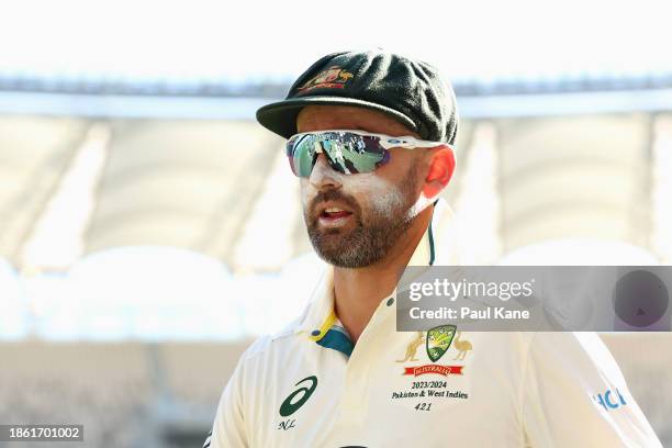 Nathan Lyon of Australia looks on following Australia's victory during day four of the Men's First Test match between Australia and Pakistan at Optus...