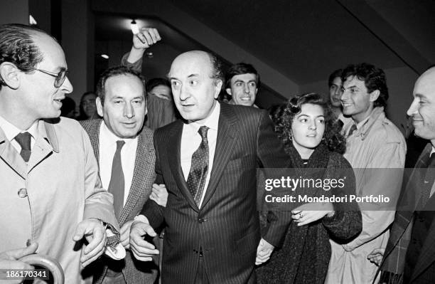 The Christian Democracy's Secretary General Ciriaco De Mita, accompanied by his daughter Antonia who holds his hand, is celebrated by some DC...