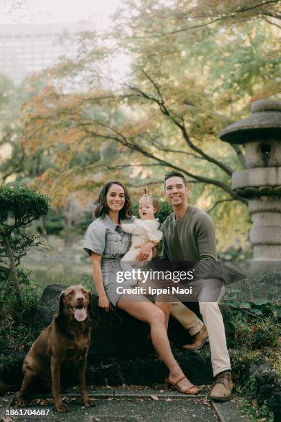 family with baby and dog in park, tokyo - stone lantern stock pictures, royalty-free photos & images