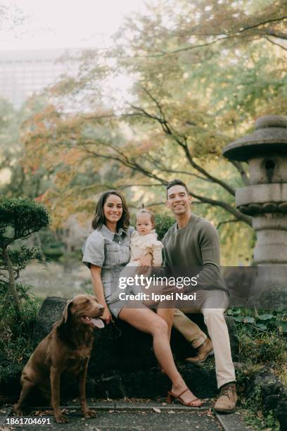 family with baby and dog in park, tokyo - stone lantern stock pictures, royalty-free photos & images