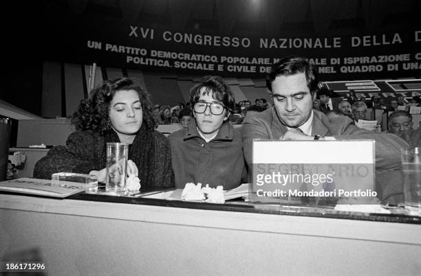 Antonia and Giuseppe, children of Ciriaco De Mita, the Secretary General of the Christian Democracy, seated near Clemente Mastella, at the central...