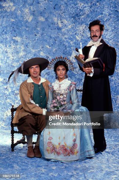 Italian actors and comedians Massimo Lopez, Tullio Solenghi and Anna Marchesini wearing the stage costumes of the TV mini-series I promessi sposi....