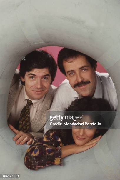 Portrait of Italian actors and comedians Massimo Lopez, Tullio Solenghi and Anna Marchesini. The comedians form the comic group called Trio. Italy,...